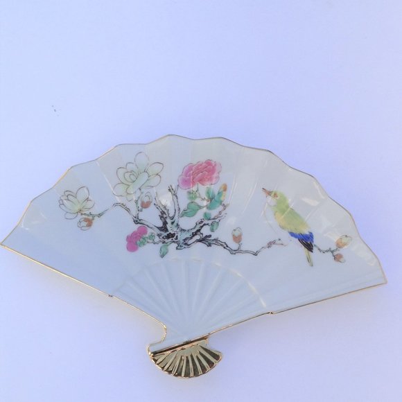 Ming Garden Otagiri Japan Handpainted Fan Trinket Dish Decor - Picture 1 of 8